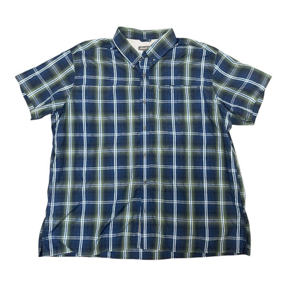 Eddie Bauer Outdoor Relaxed Casual Nylon Polyester Blue Green Plaid Shirt Sz 2XL